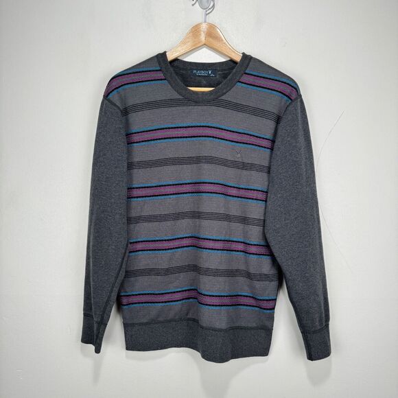 Playboy Crew Neck Sweater Pullover Men XL‎ Gray Purple Blue Cotton Blend Logo